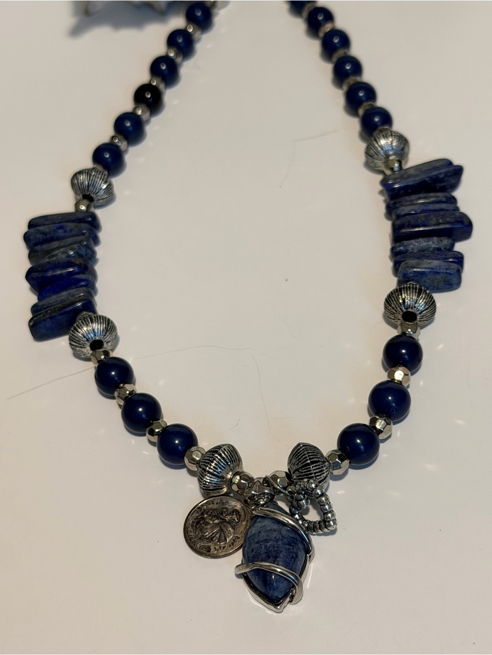 Lapis Blue Beaded Pendant Necklace with Silver Shell Accents